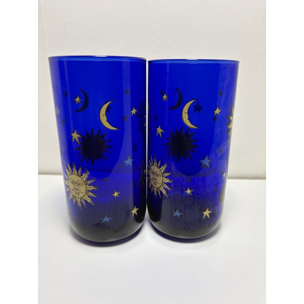 Vintage Set of 2 Libbey Celestial Moon Sun Cobalt Blue Highball Glass Tumblers